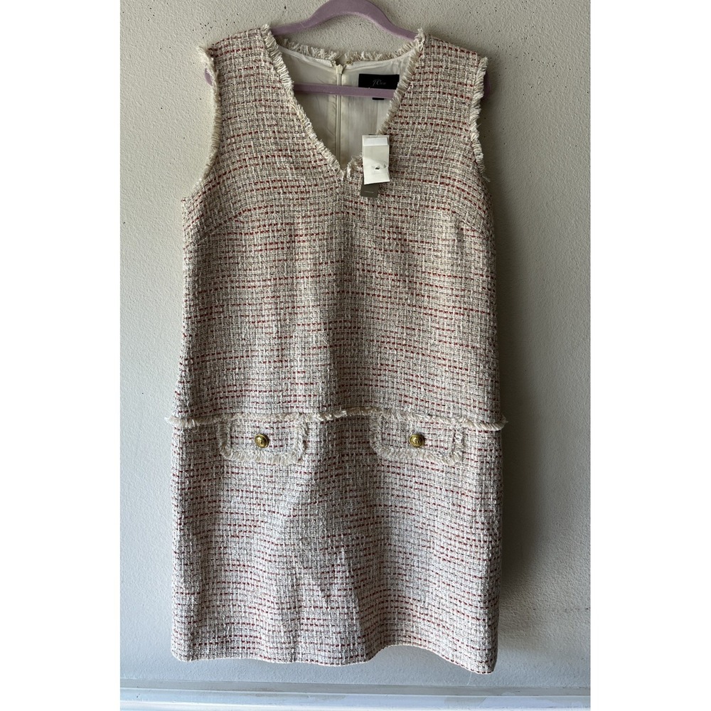J.Crew Cream Sleeveless Sheath Tweed V Neck Dress Gold Button Classic  New 10